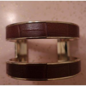 Vintage Leather and Gold Tone Wide Cuff Bracelet. Brown Leather. Excellent